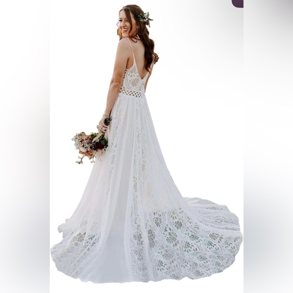 Bohemian Wedding Dress Spaghetti Strap w/ Adjustable Drawstring Lace Bridal Gown - Picture 4 of 7